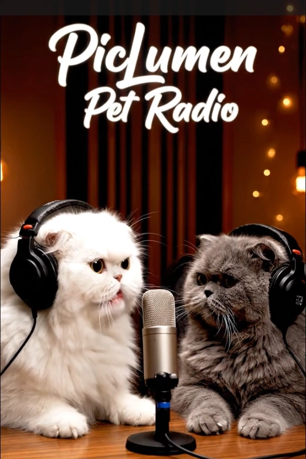 A white cat and a gray cat wearing headphones sit behind a microphone for "PicLumen Pet Radio."