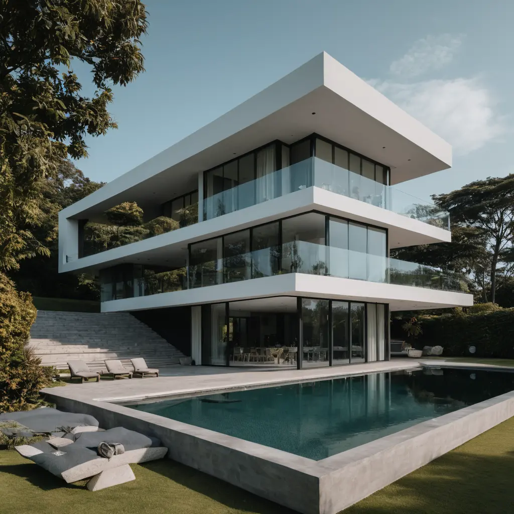 Moderner Villenaußenbereich in eindrucksvollen architektonischen Details festgehalten