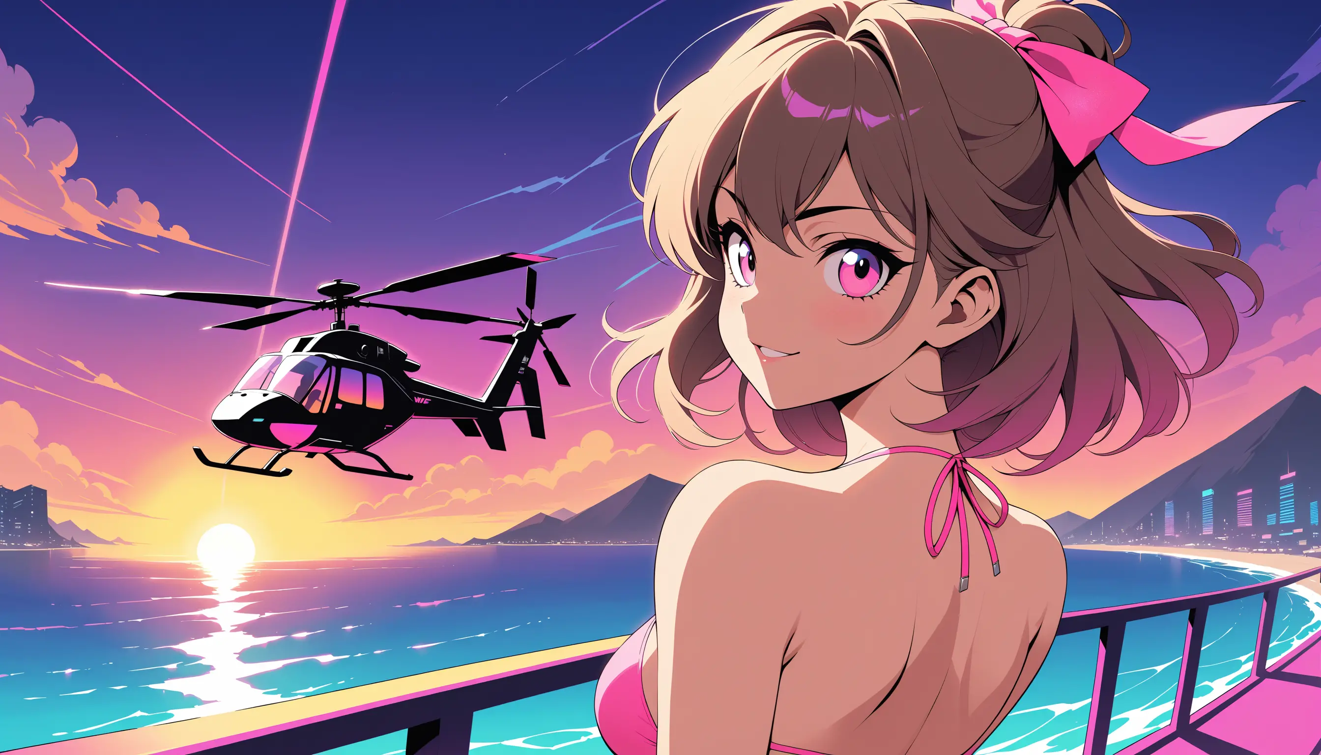 Hélicoptère moineau synthwave au‑dessus de l’océan au coucher du soleil