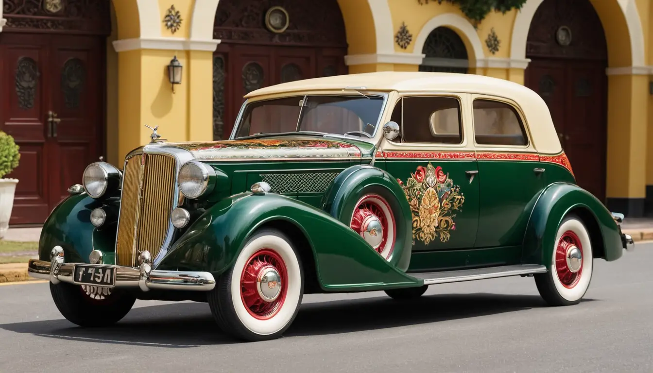 Colorful vintage car with ornate decorative details