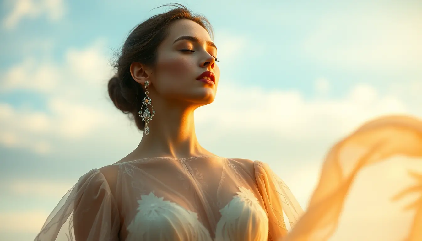 Ruhige Frau im transparenten Kleid unter sanftem Frühlingshimmel