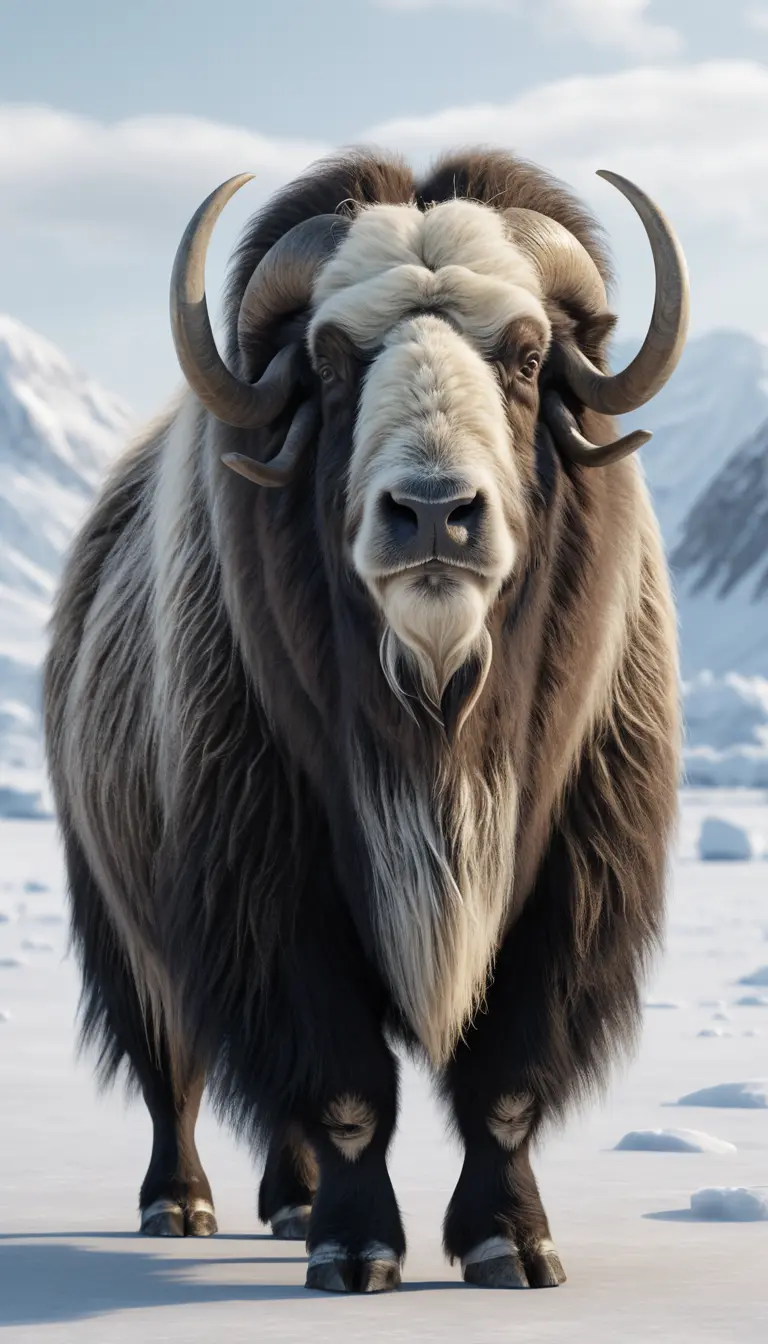 Moschusochse auf gefrorener arktischer Tundra, in die Kamera blickend
