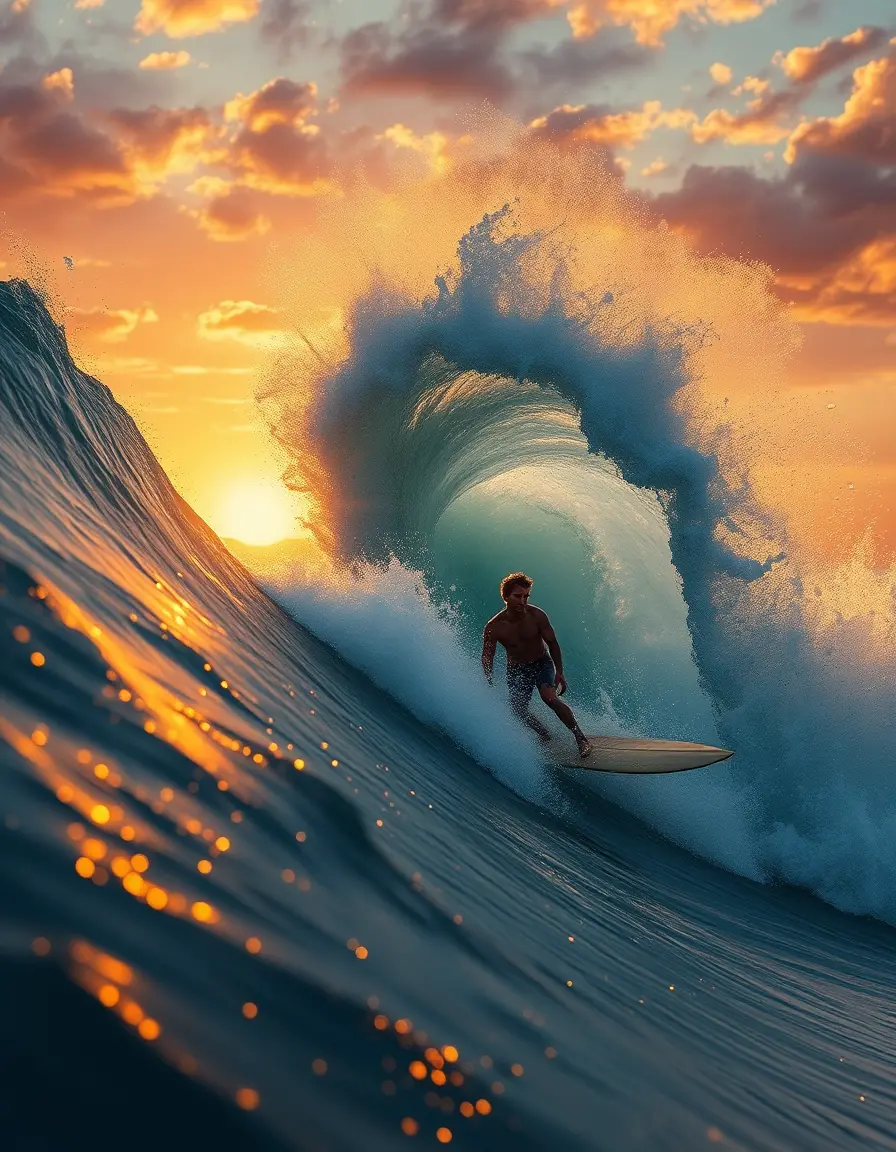 衝向金色夕陽巨浪的衝浪者