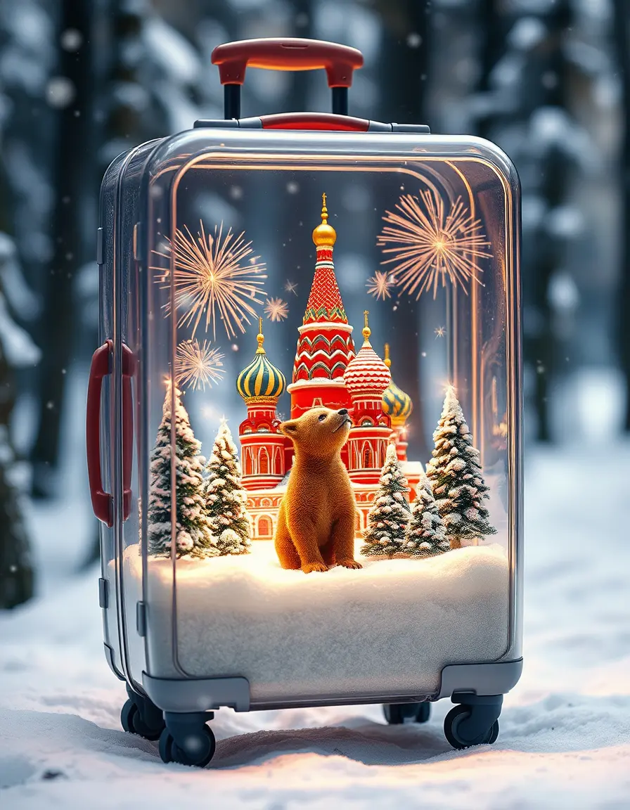 Valigia magica invernale con orso e cattedrale in miniatura