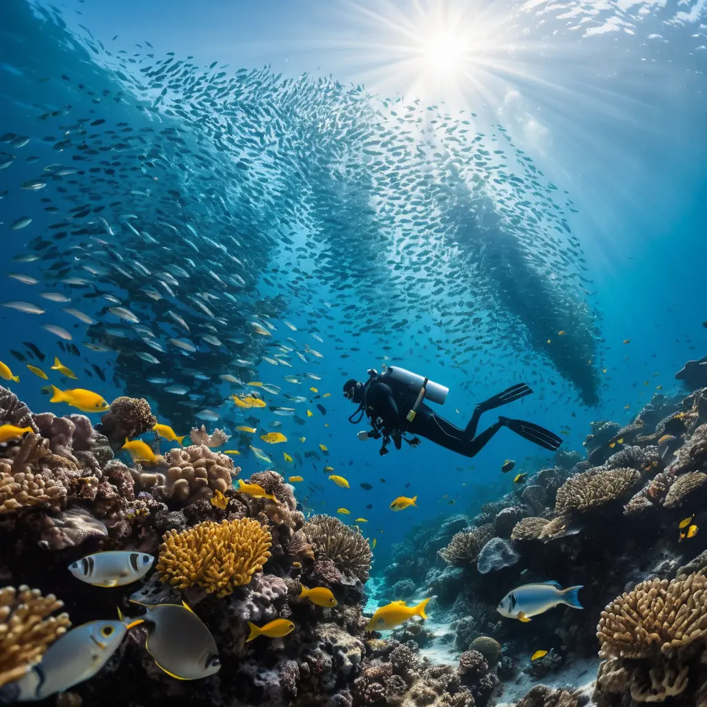 Taucher schwimmt mit Fischen im klaren blauen Ozean