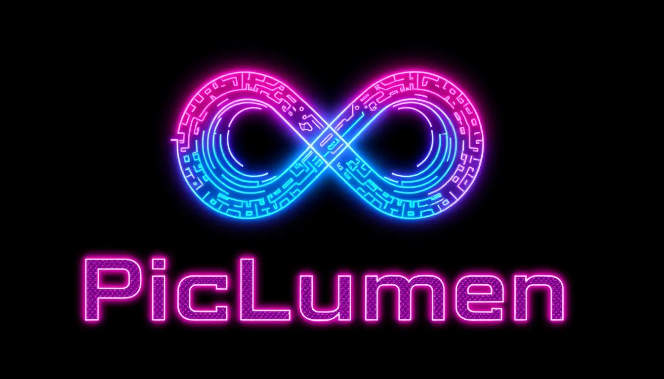 Cyberpunk-PicLumen-Logo mit leuchtendem Unendlichkeitssymbol