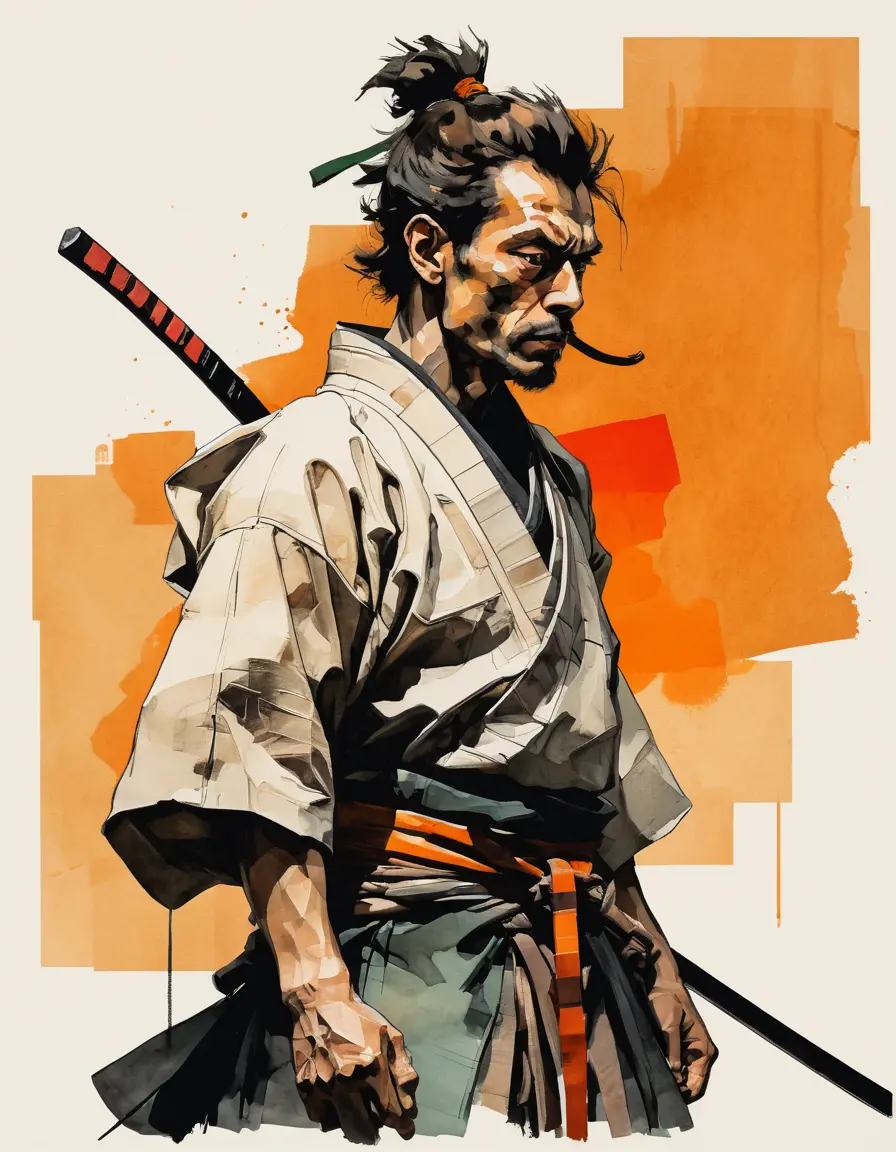 Samurai-Krieger im traditionellen Kamishimo vor orangefarbenem Hintergrund