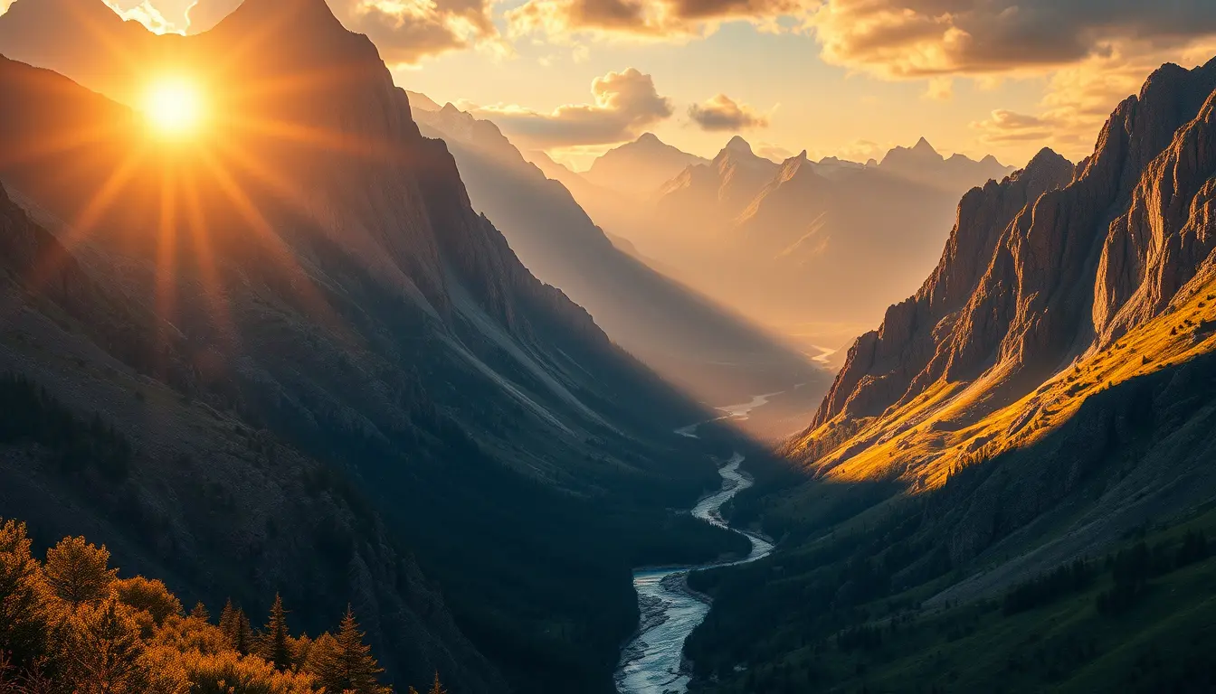 Sonnenbeschienene Bergtal-Landschaft mit Fluss in einer Fantasiewelt