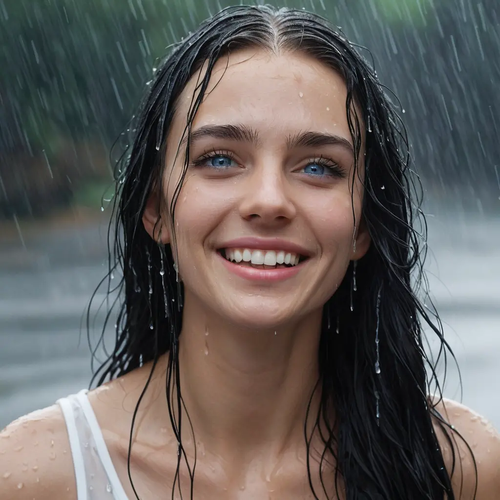 雨の中で笑う、濡れた髪と青い瞳の少女