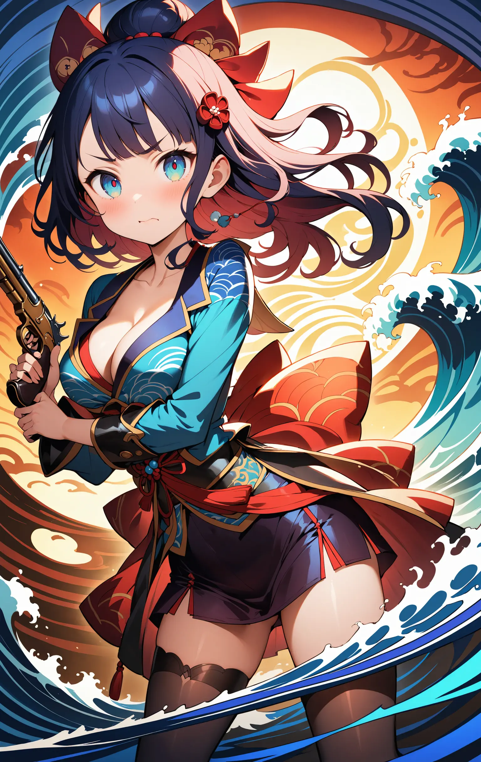 浮世絵スタイルの女海賊がフリントロックピストルで戦う姿