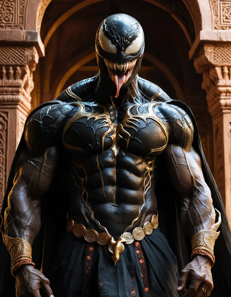 Venom-ähnliches Monster im zerrissenen Dhoti vor einem antiken Tempel
