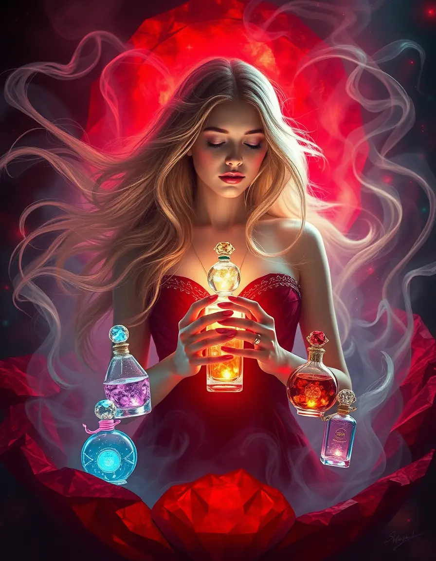 Femme éthérée émergeant d’un rubis avec des flacons de parfum lumineux