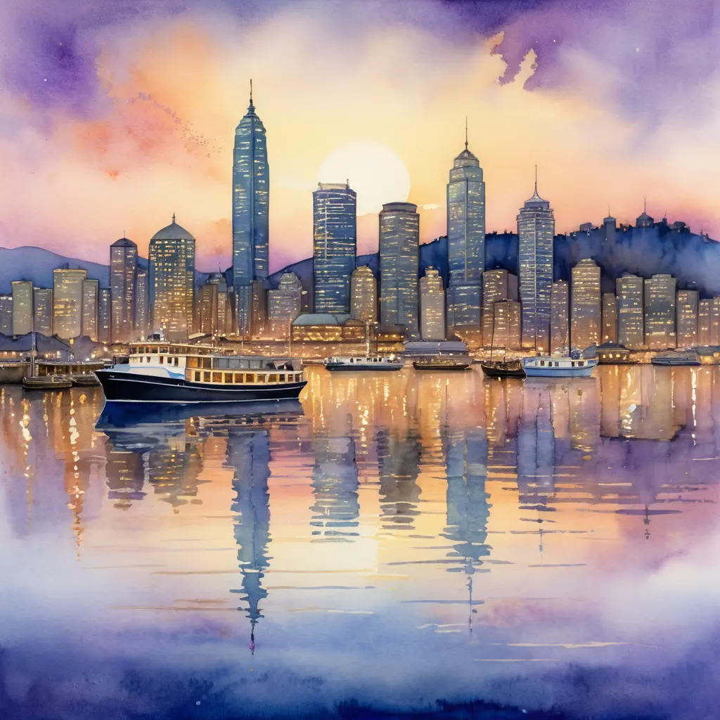 Aquarellansicht des Victoria Harbour in friedlicher Abenddämmerung
