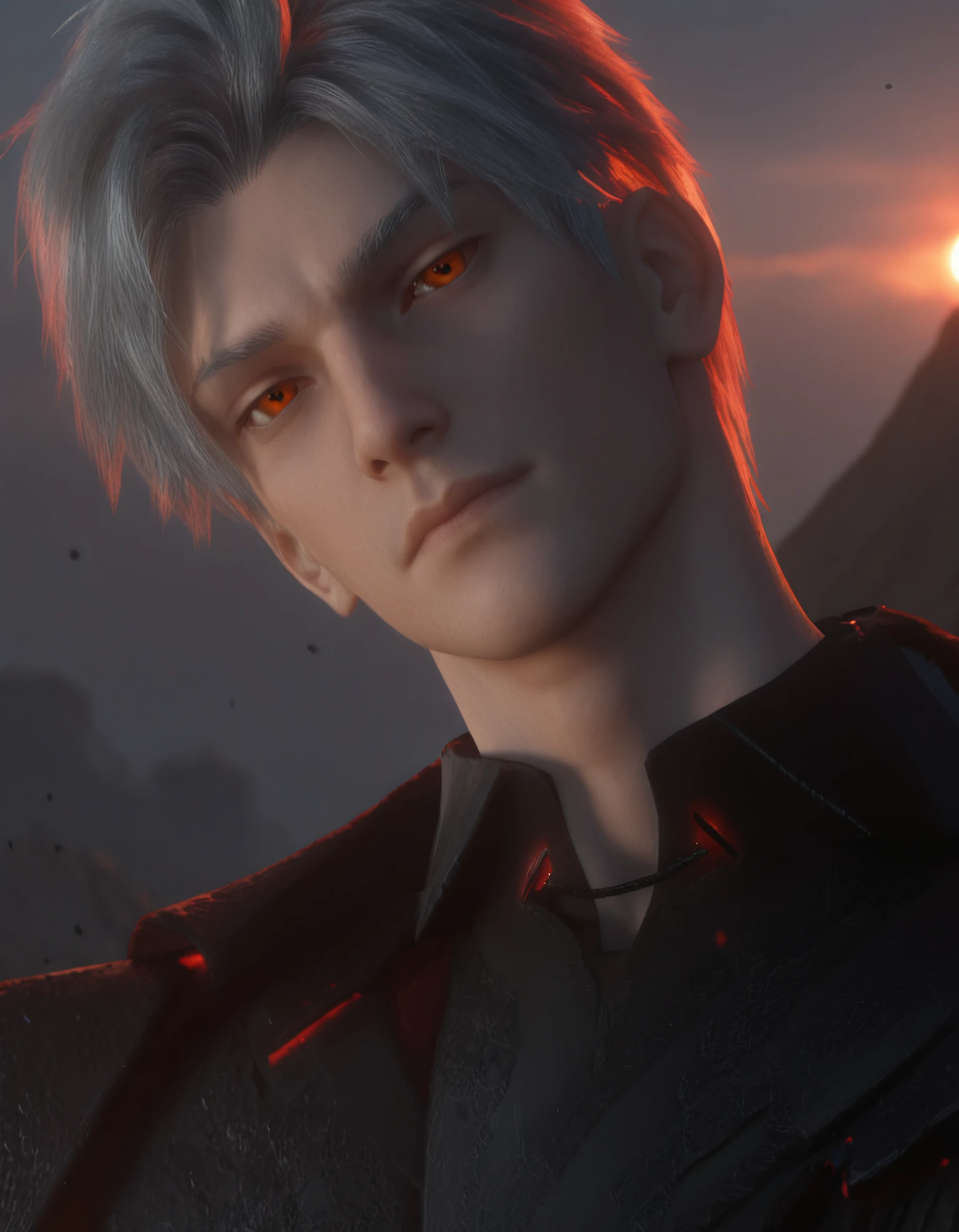 Homme fantastique 3D avec des cornes de dragon dans la lumière du coucher de soleil à la fenêtre