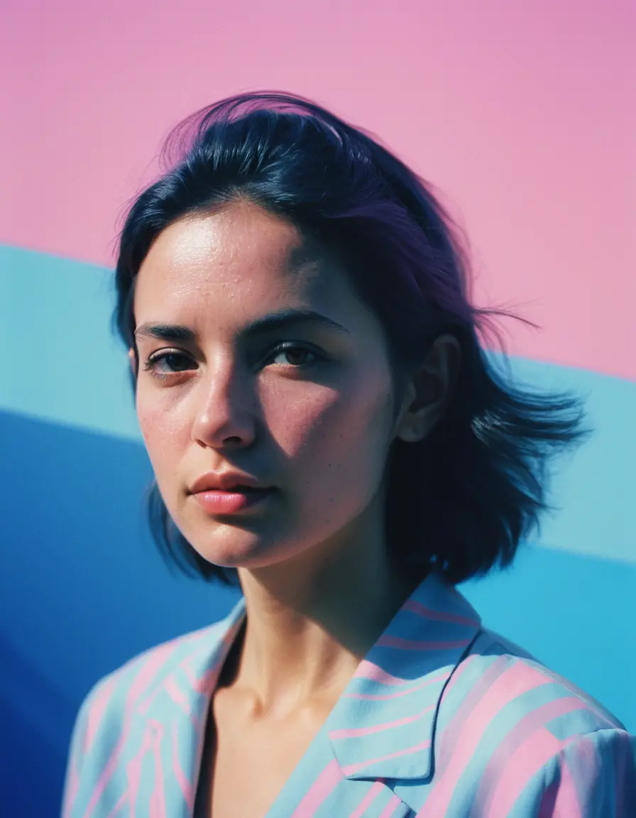 Portrait surréaliste d’une femme dans des tons rose et bleu