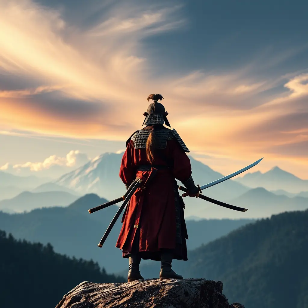 Samurai mit Katana auf einem Bergrücken