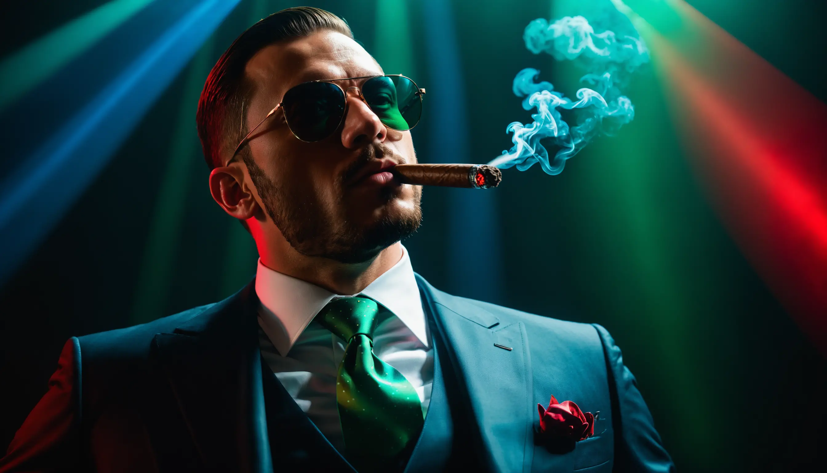 Elegant gekleideter Mann, der in buntem Licht eine Zigarre raucht