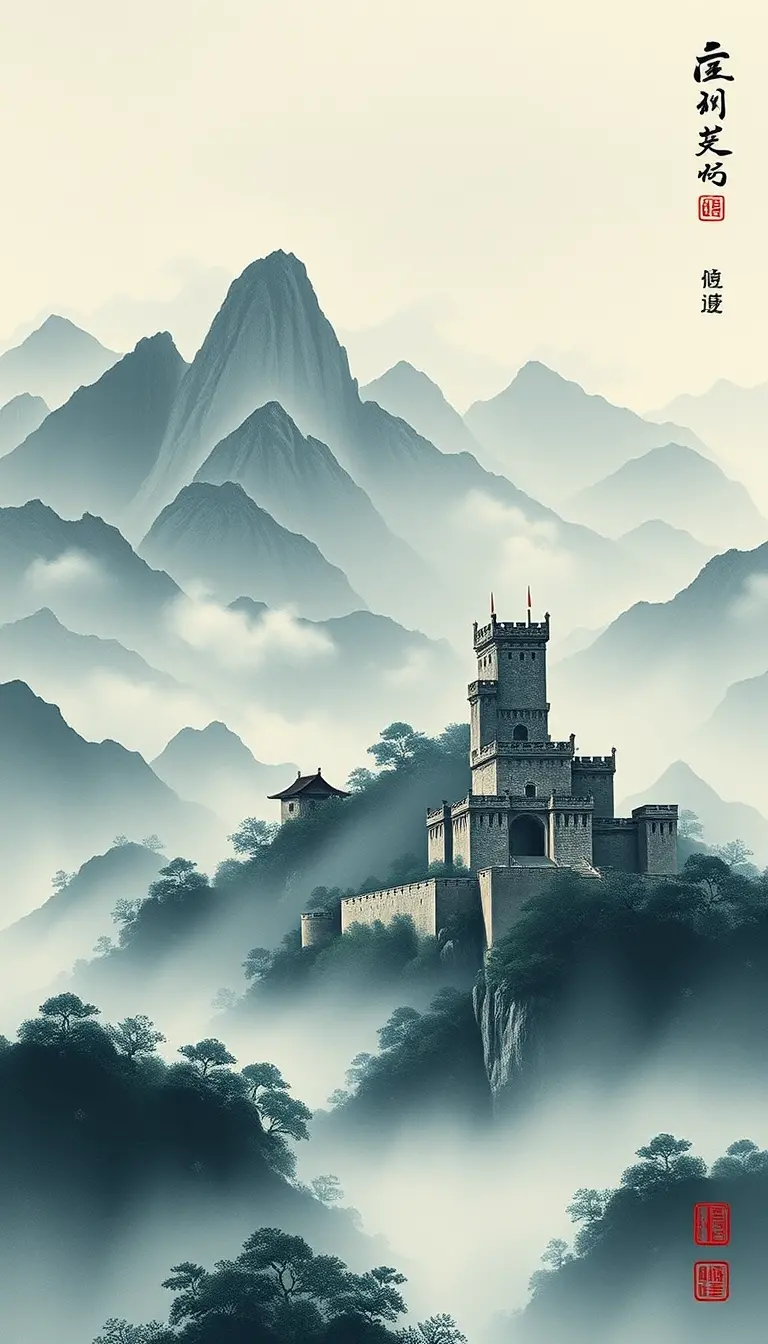 神秘的中國山脈景觀與古老城堡