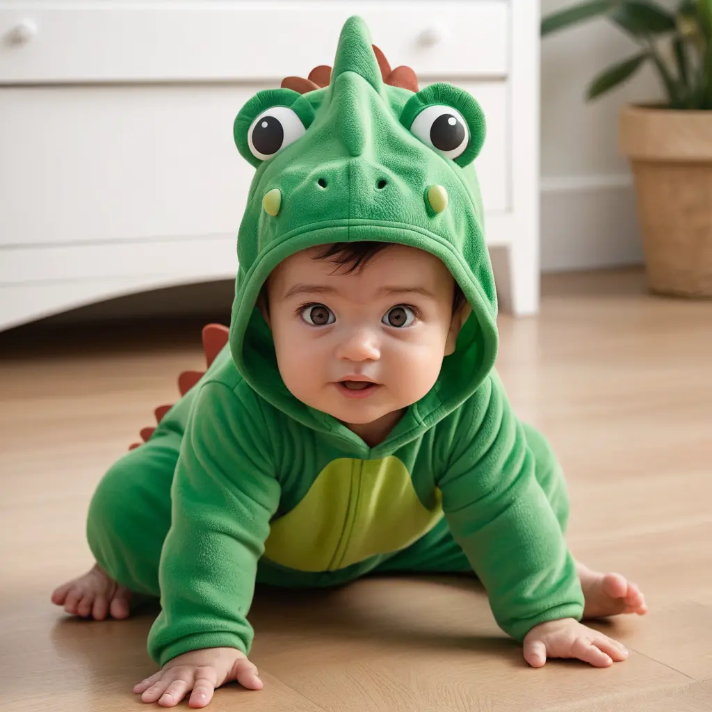 Süßes Baby im grünen Dinosaurierkostüm im klassischen Cartoon-Stil