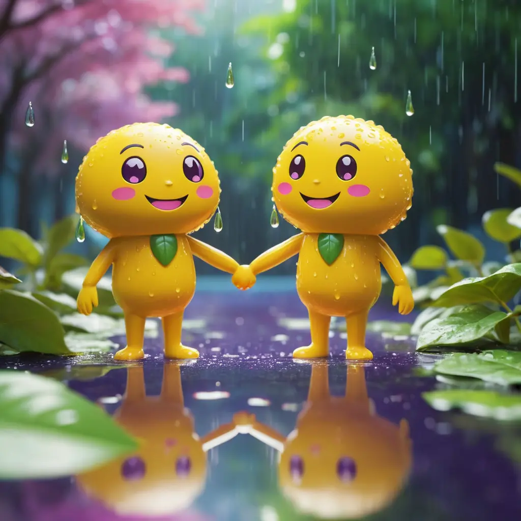 Süße 3D-Emoji-Figuren, die sich im Regen an den Händen halten