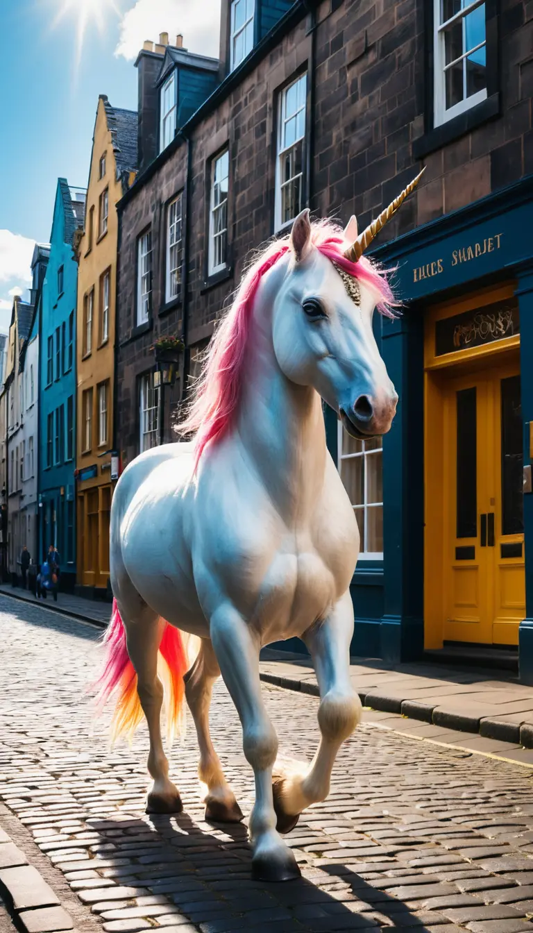 Licorne majestueuse dans une rue historique d’Édimbourg