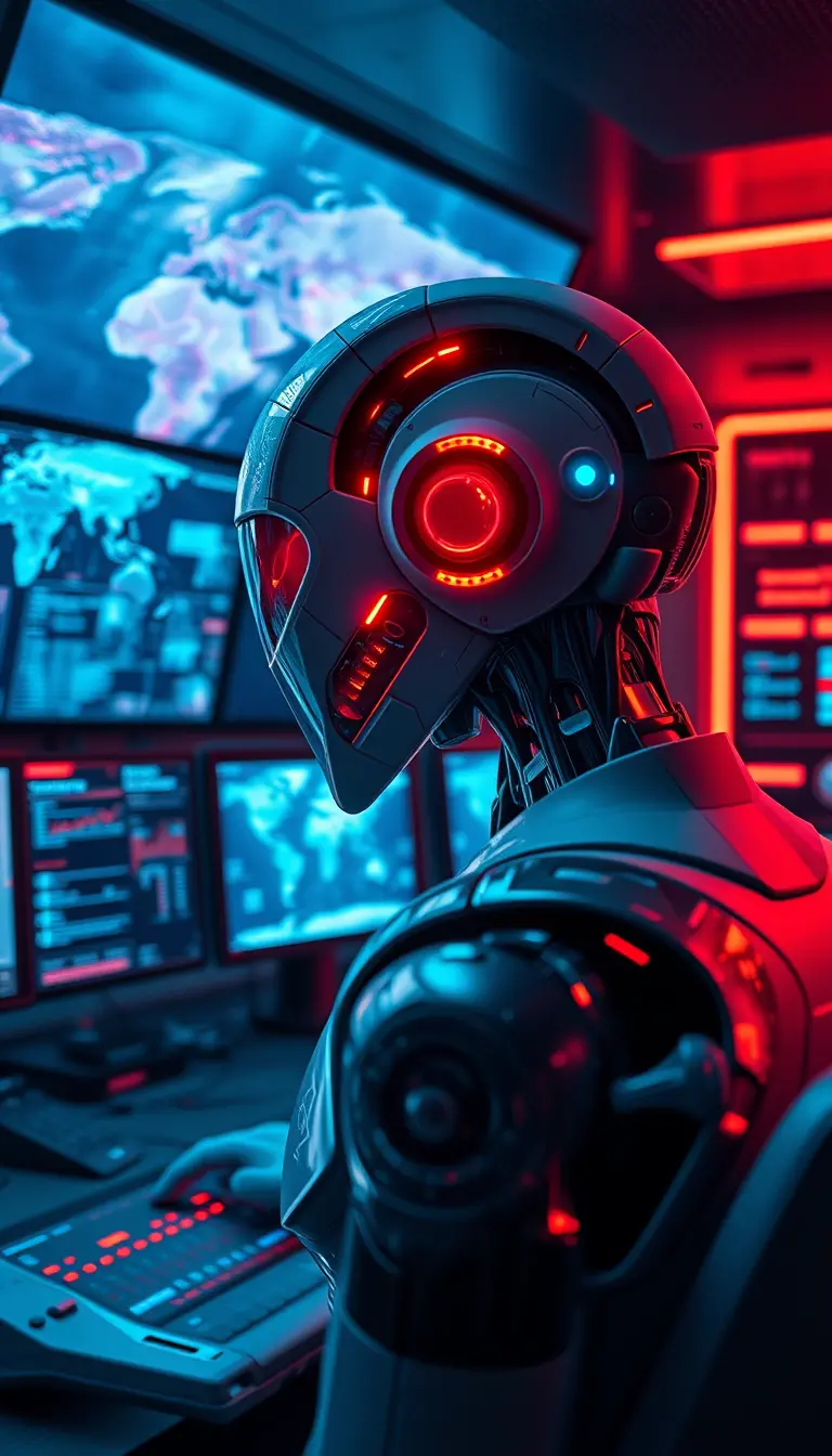 Android in futuristischem Kontrollraum überwacht globale Daten