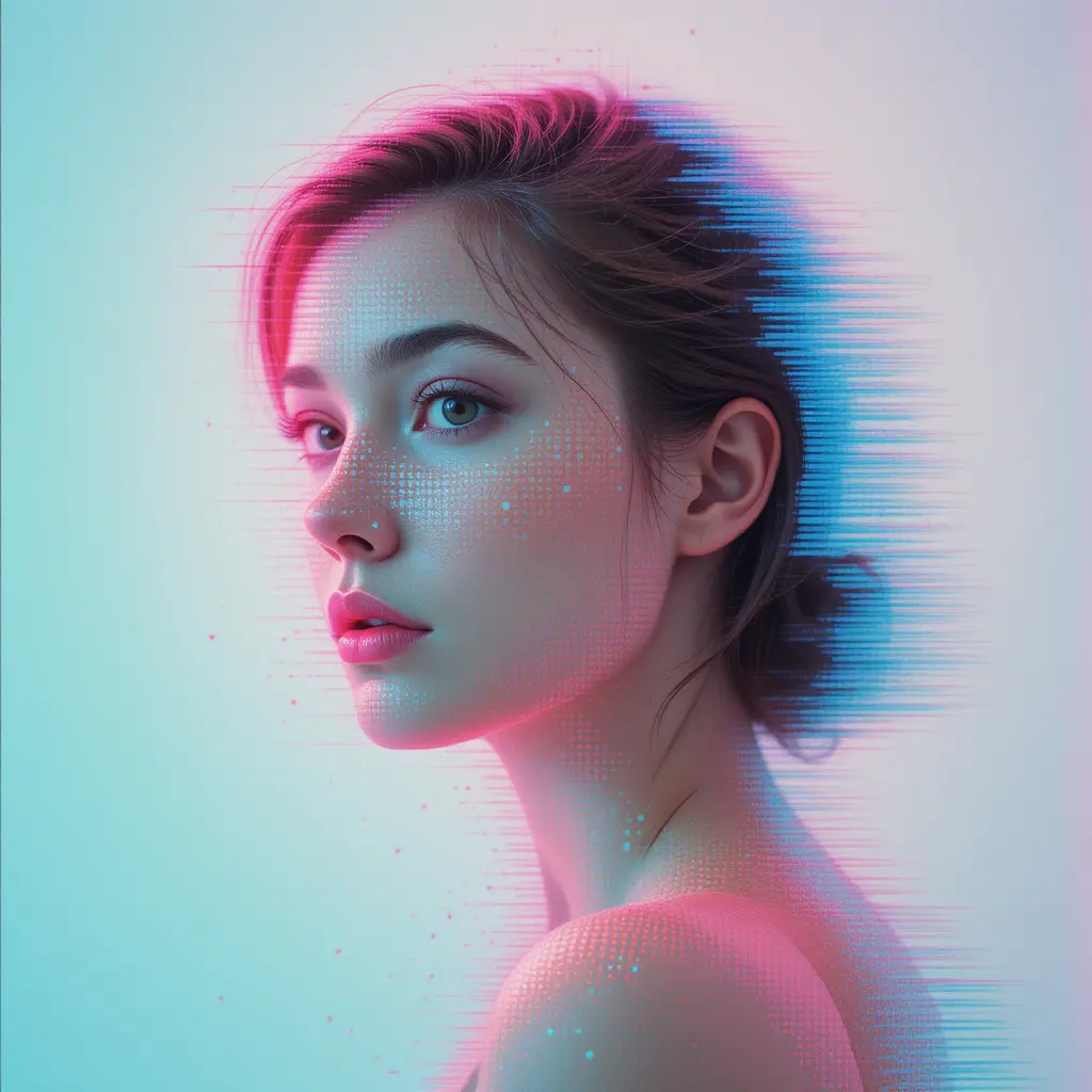 Photographie de portrait expérimental d’une femme en rose et bleu