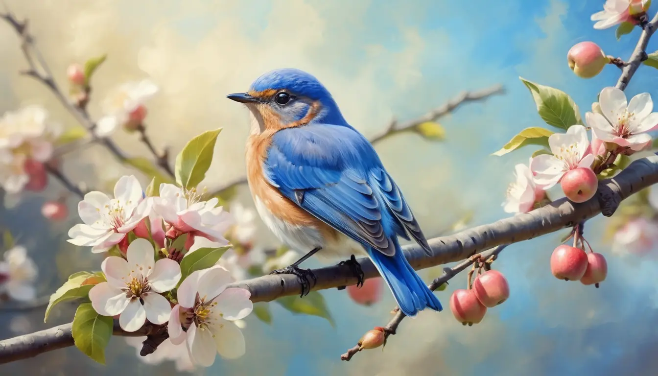 Azzurrino su melo in fiore alla luce del giorno