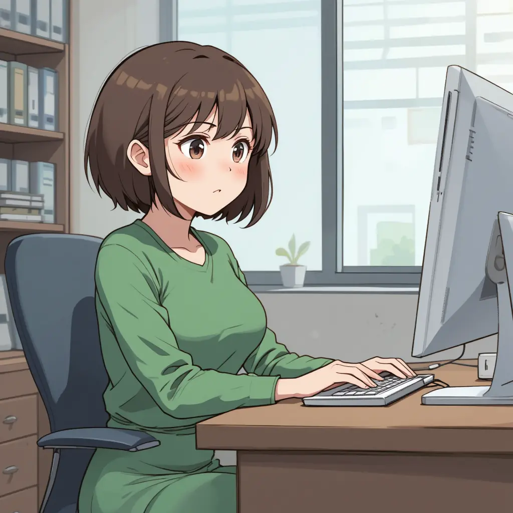 Anime-Frau, die in einem einfachen Büro am Computer arbeitet