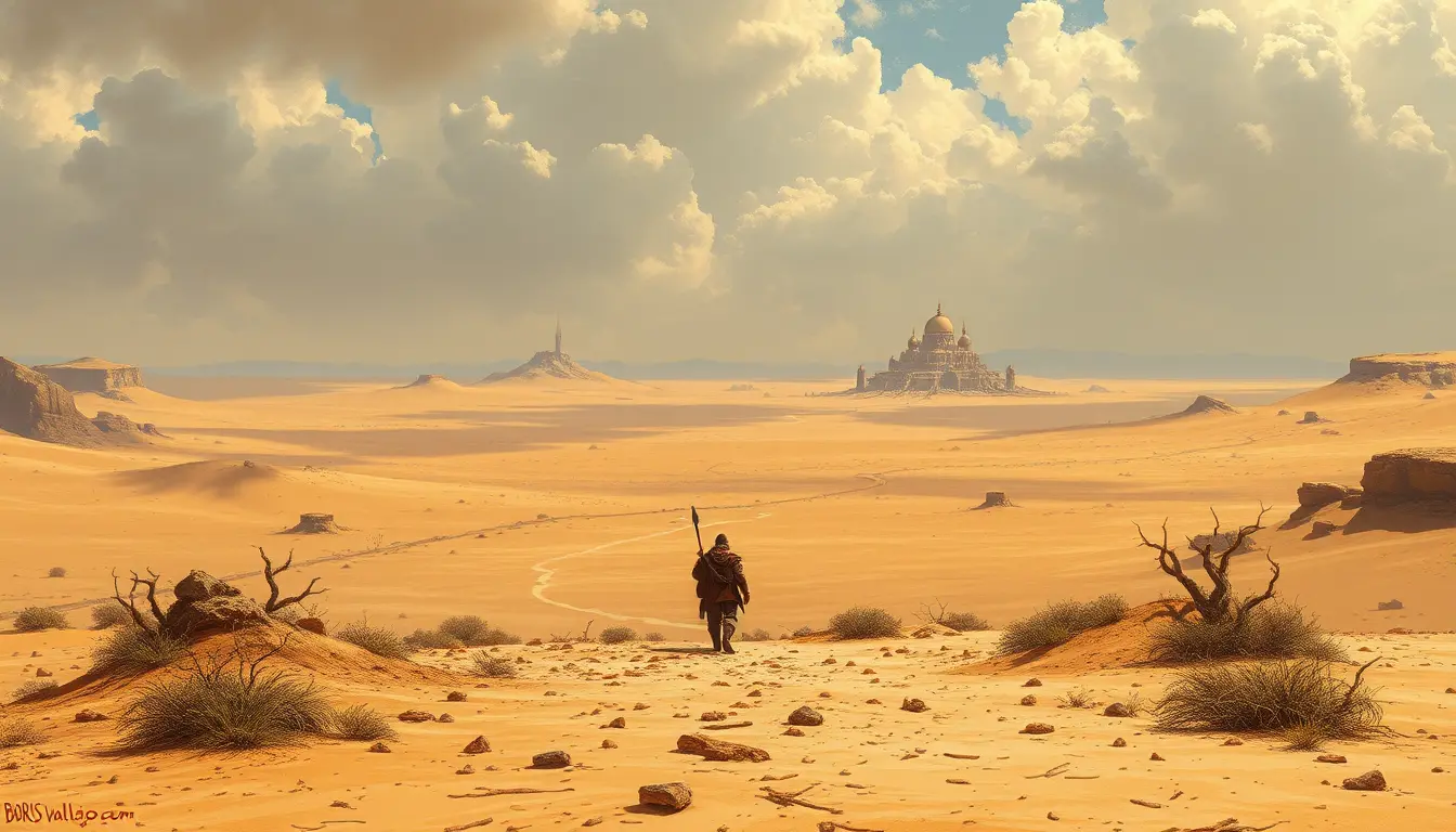 Lone barbarian crossing a vast desert toward distant village