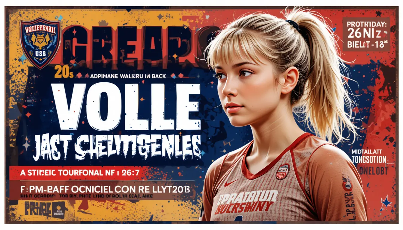 Affiche de tournoi de volley au collège avec jeune joueuse blonde