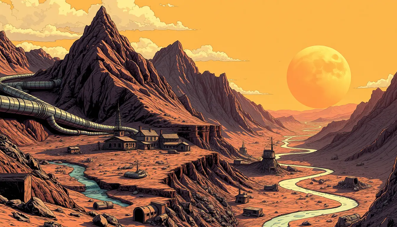 Ciudad minera alienígena en un mundo montañoso y escarpado