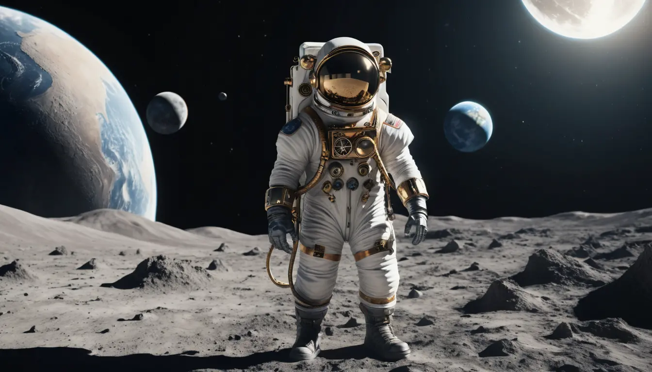 地球を見つめる月面のスチームパンク宇宙飛行士
