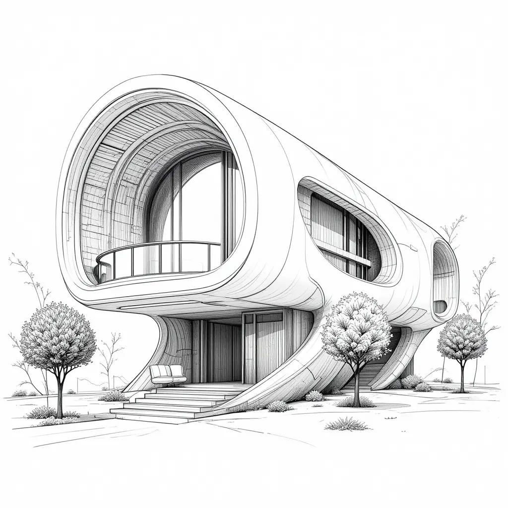Futuristische geschwungene Hausfassade mit Retro-Holzakzenten
