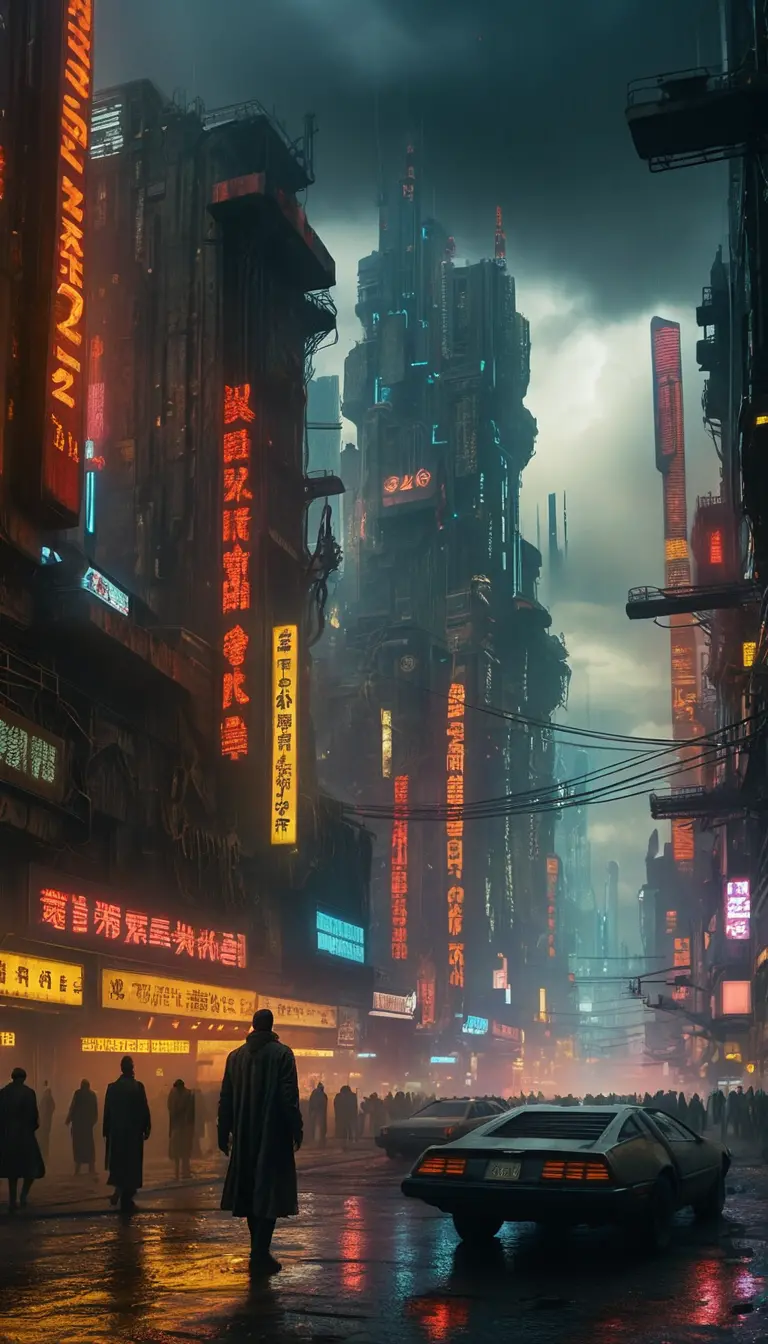 Dystopische futuristische Stadt mit dunklem Himmel und neonbunten Chaos
