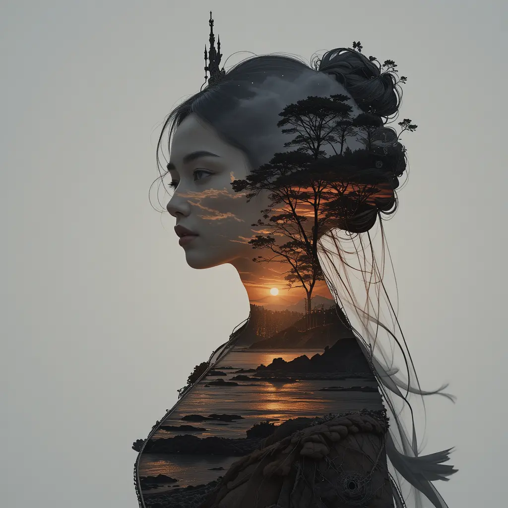Göttinnensilhouette verschmolzen mit einer leuchtenden Sonnenuntergangsküste