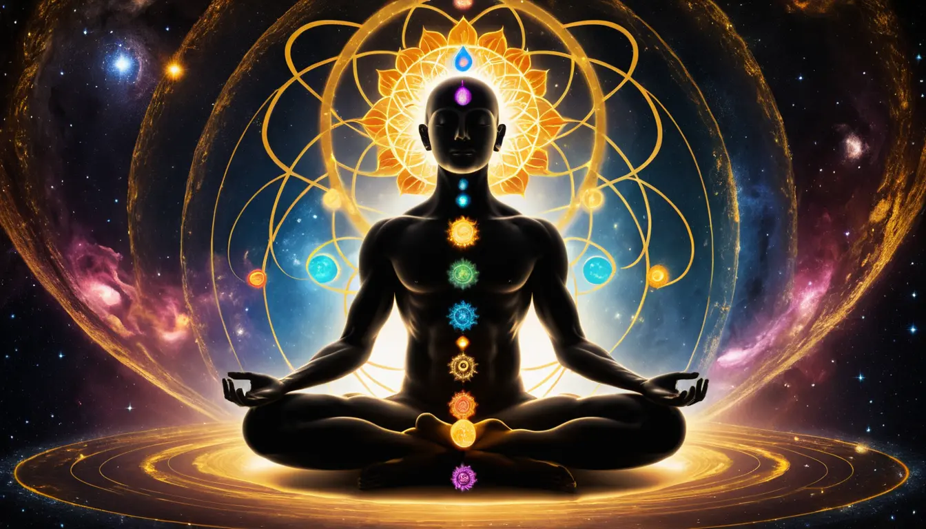 Silhouette méditative flottant dans l’espace cosmique avec des chakras lumineux