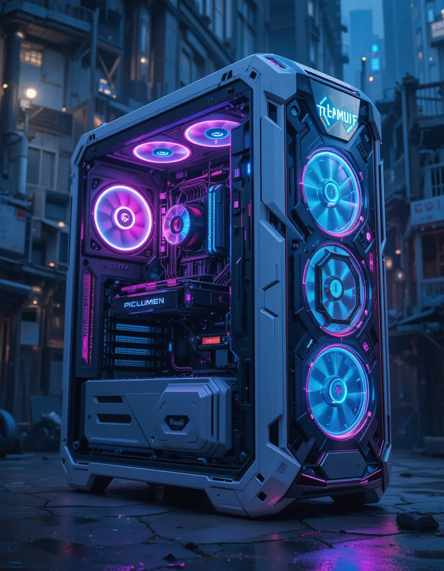 Futuristischer 3D-Gaming-PC mit Neon-Cyberpunk-Design
