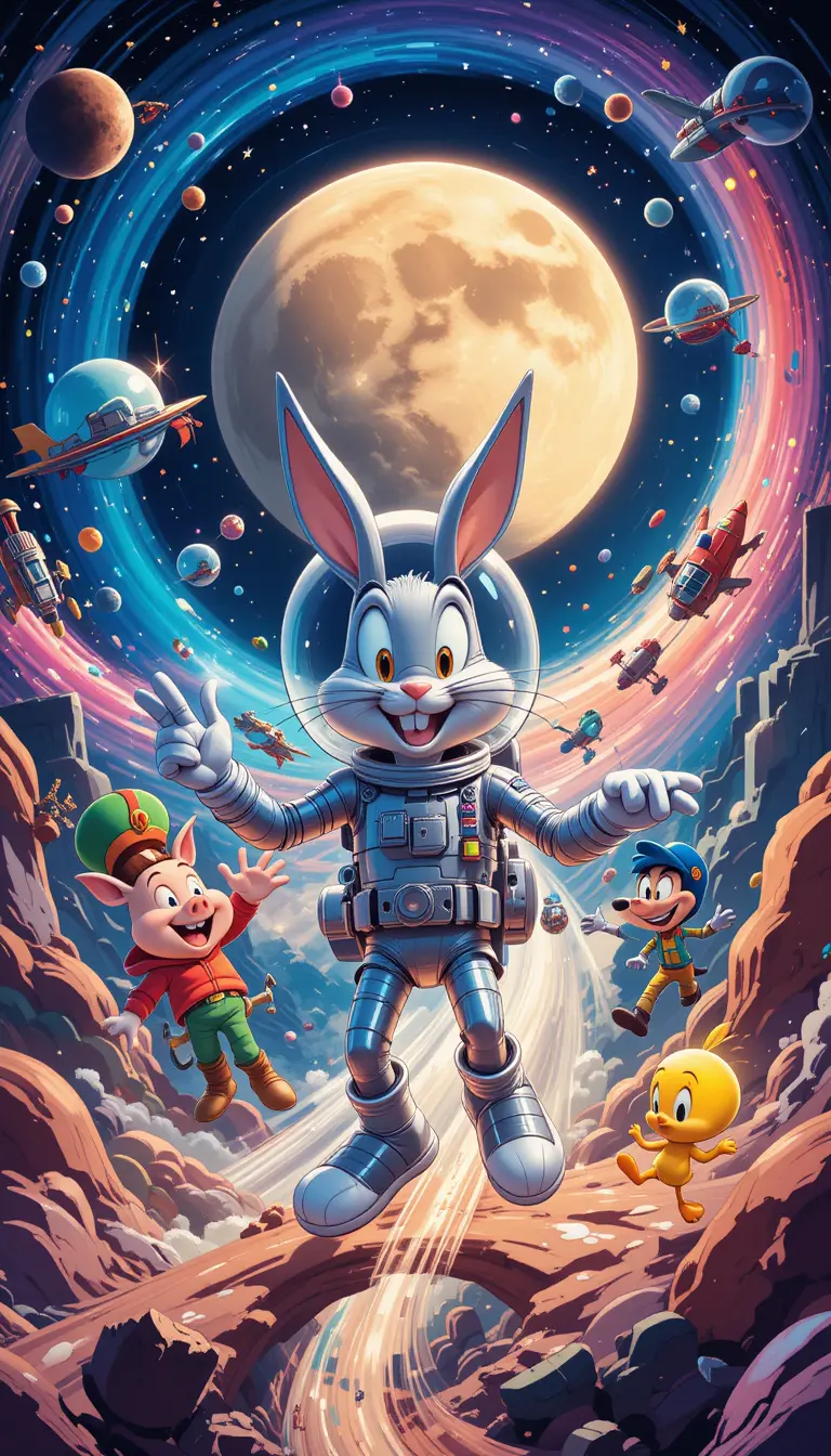 Looney-Style Cartoon-Astronauten erkunden den farbenfrohen Weltraum