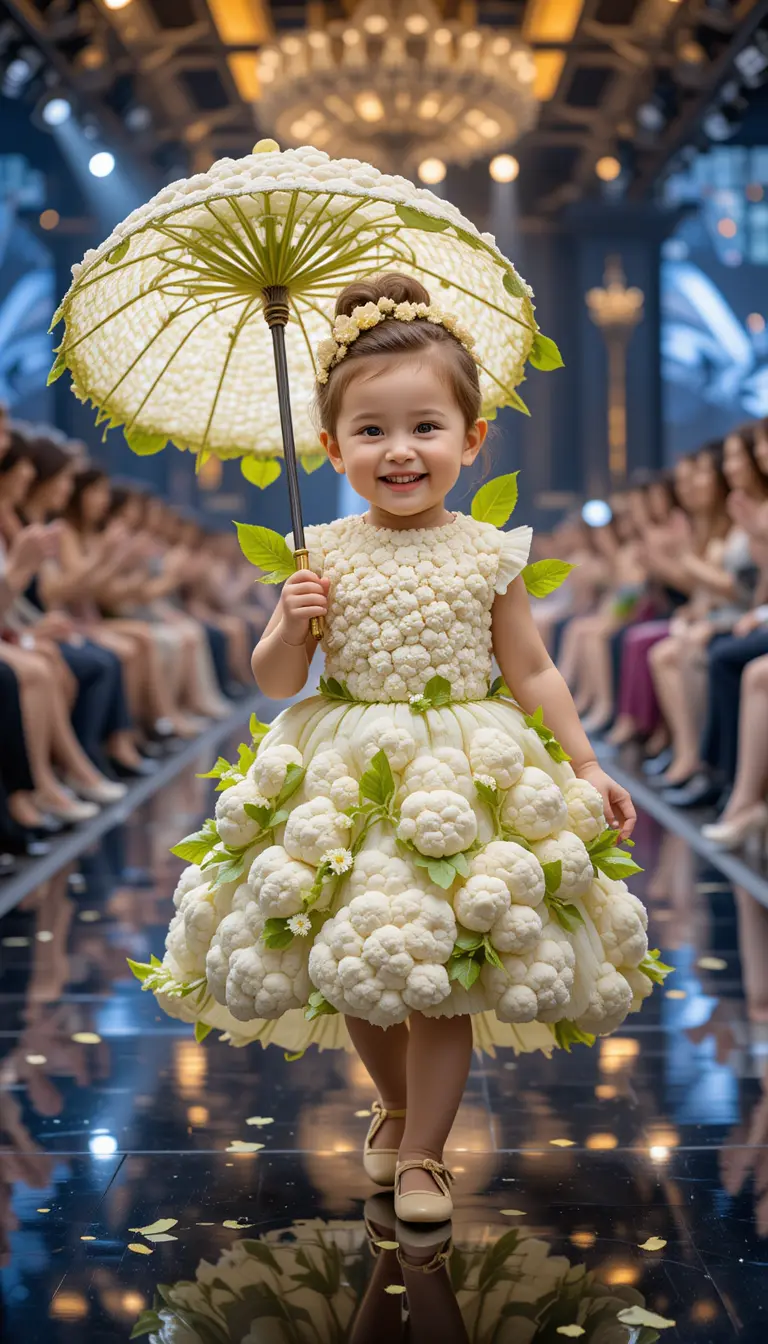 Bébé fille en robe chou-fleur sur un défilé de mode
