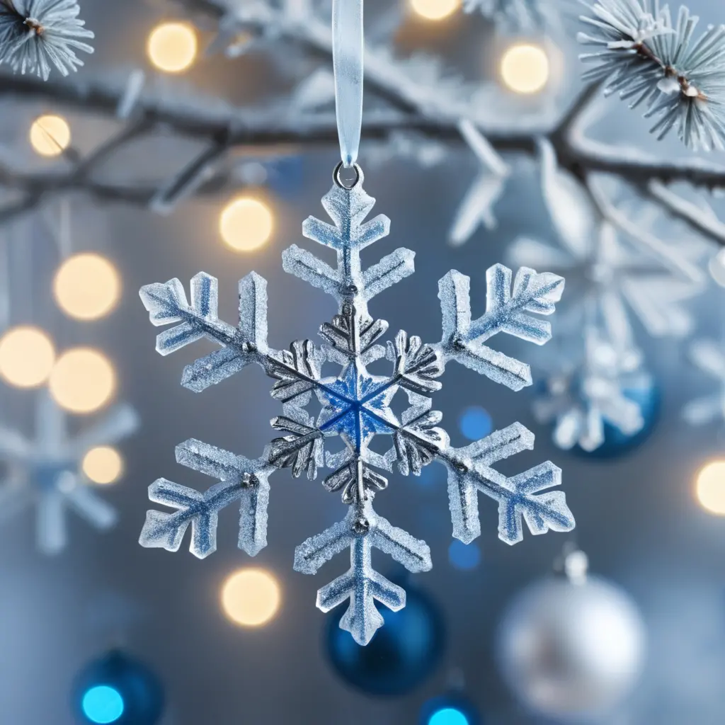 Decorazione a fiocco di neve argentato su ramo ghiacciato con luci blu