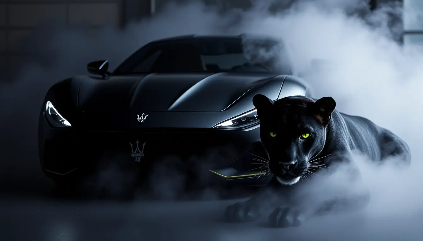 Voiture de sport futuriste noir mat avec brouillard et puma