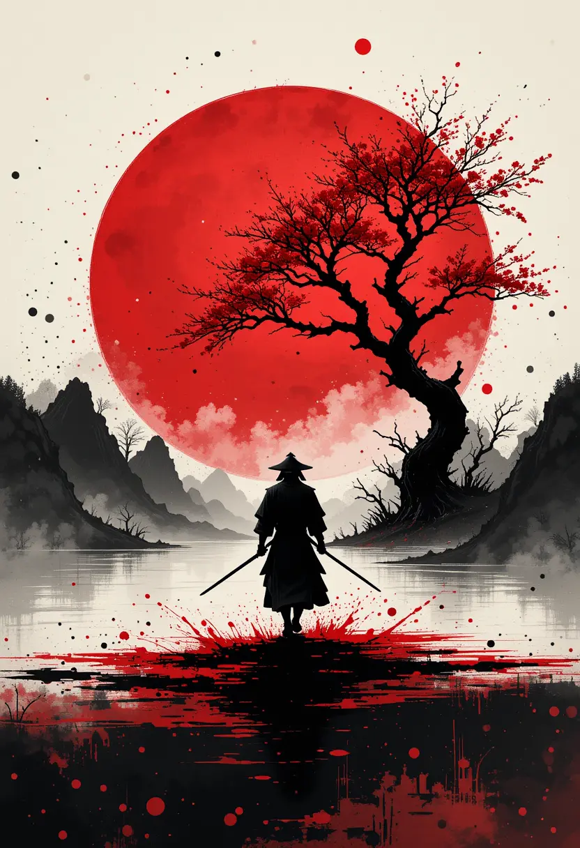 Samurai-Silhouette über purpurrot beleuchtetem Wasser