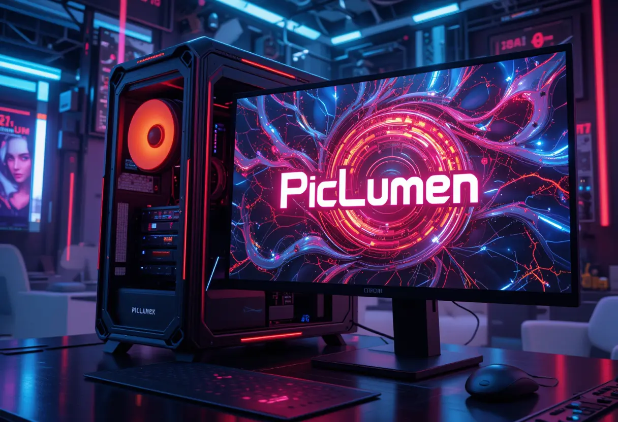 Futuristisches Cyberpunk-Gaming-PC-Setup mit leuchtendem Monitor