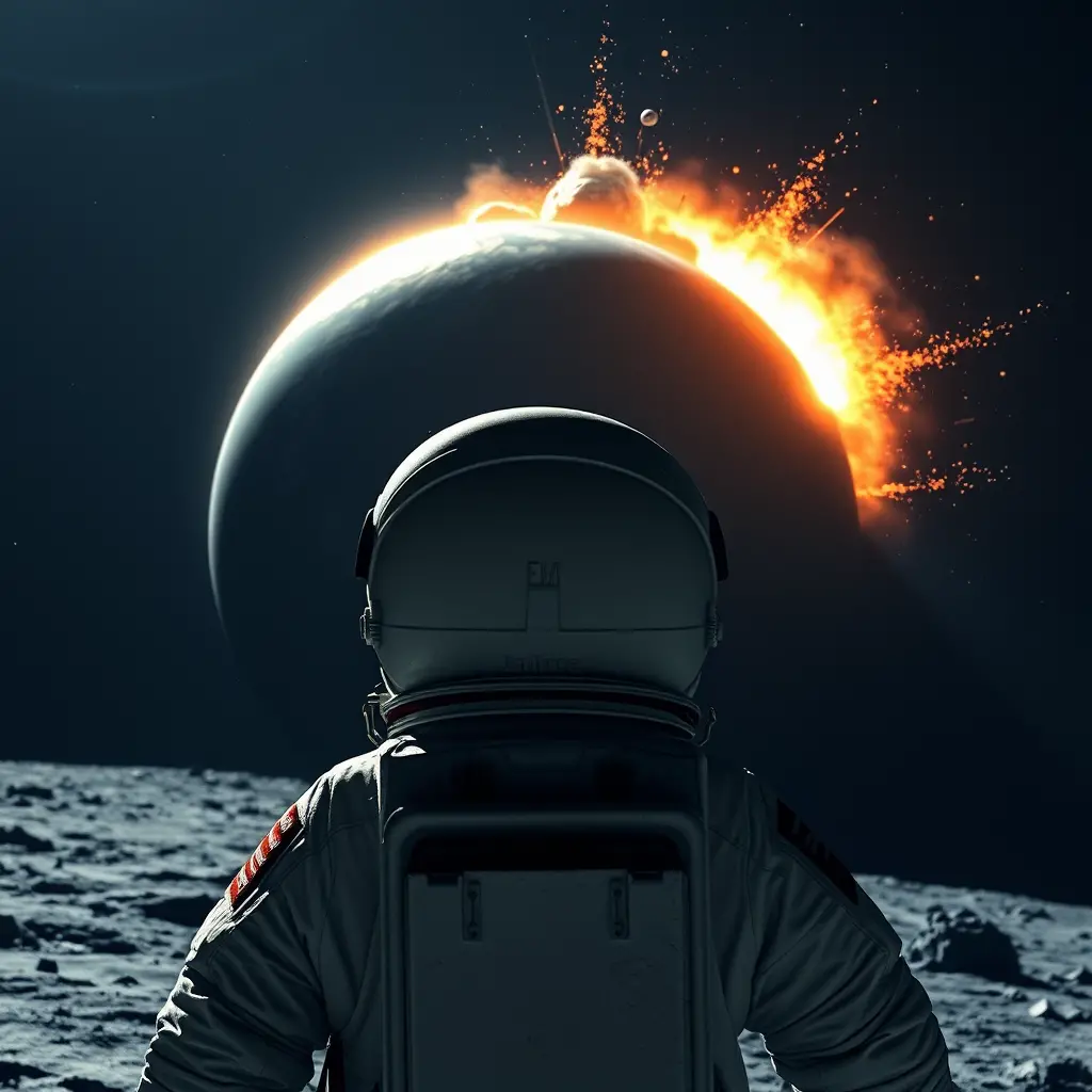 Astronaut auf dem Mond beobachtet, wie ein Asteroid die Erde trifft