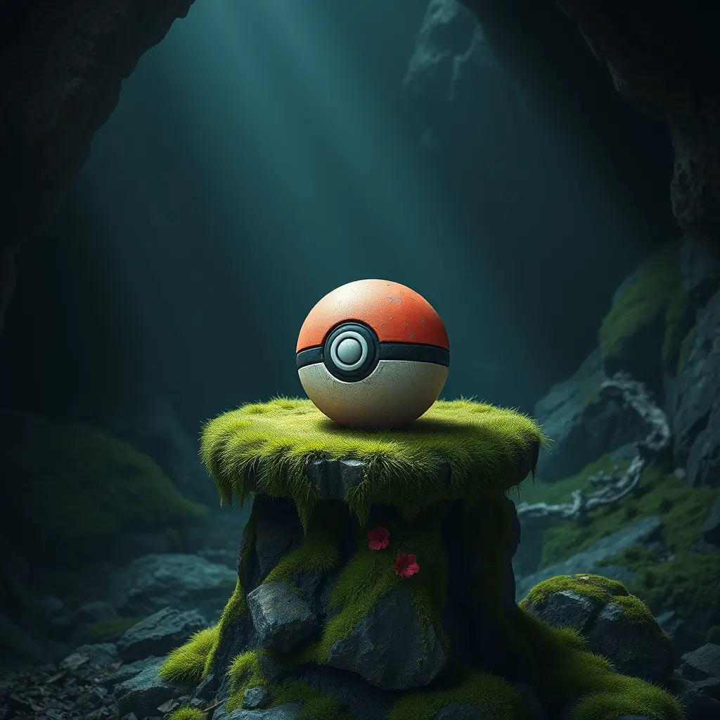 Antiker Pokéball auf einem moosbedeckten Höhlenpodest