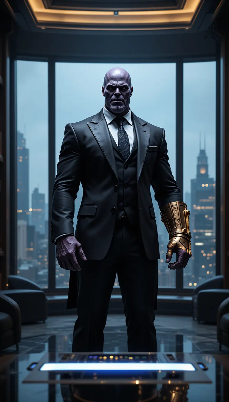 Thanos in einem luxuriösen Büro mit Infinity-Handschuh