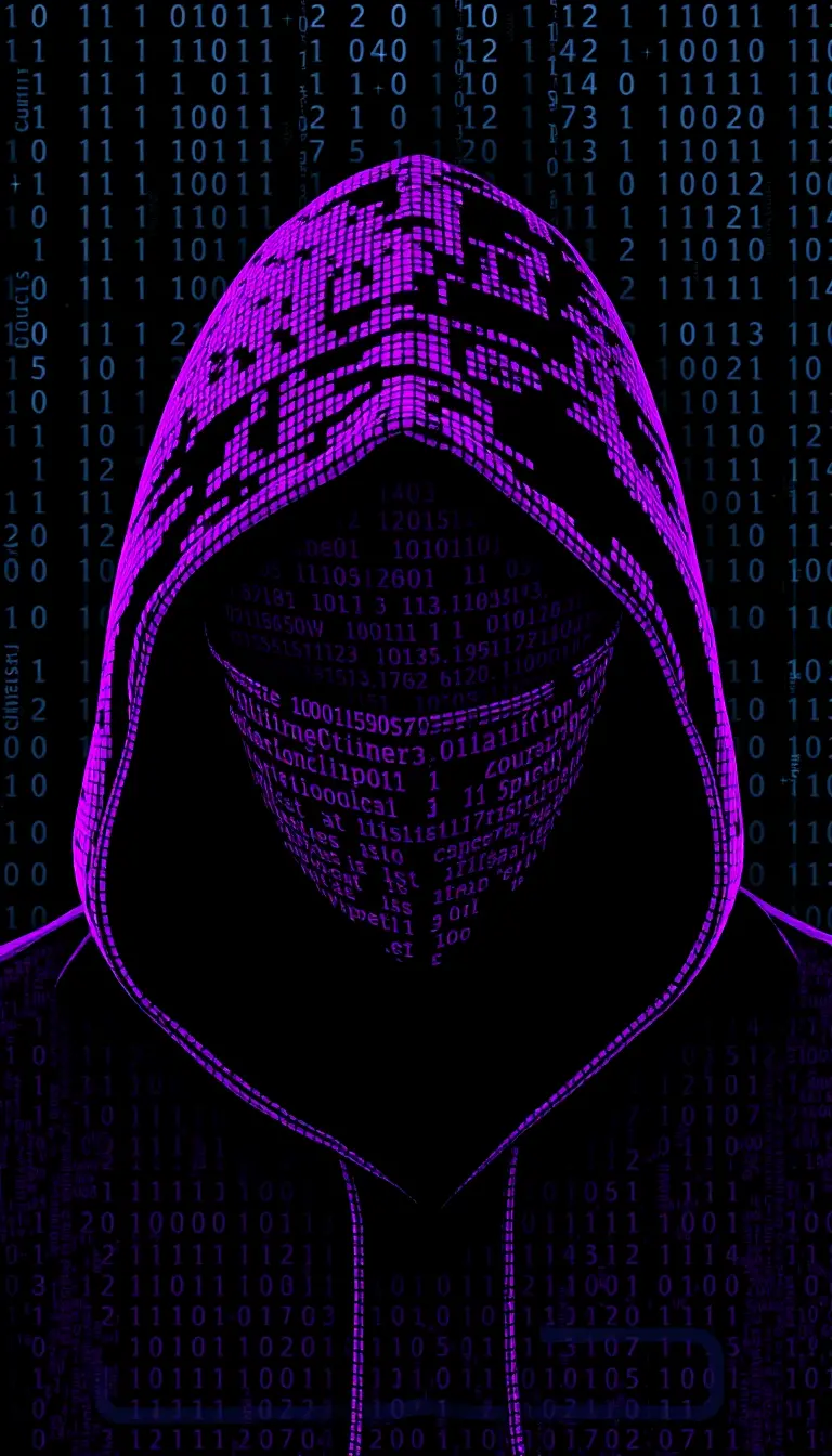 フードをかぶったサイバーパンク姿の人物とネオンのバイナリーデジタル虚空