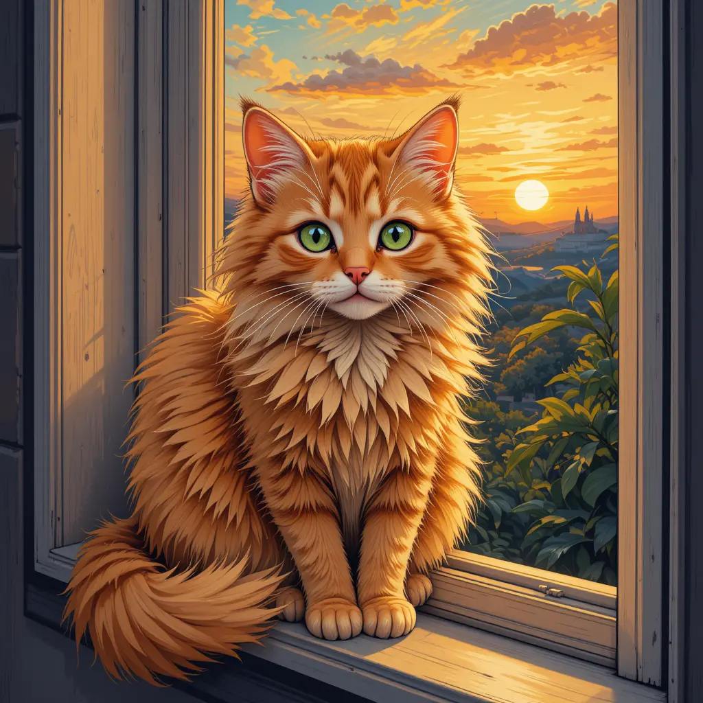 Flauschige orangefarbene Katze auf der Fensterbank im warmen Sonnenuntergang