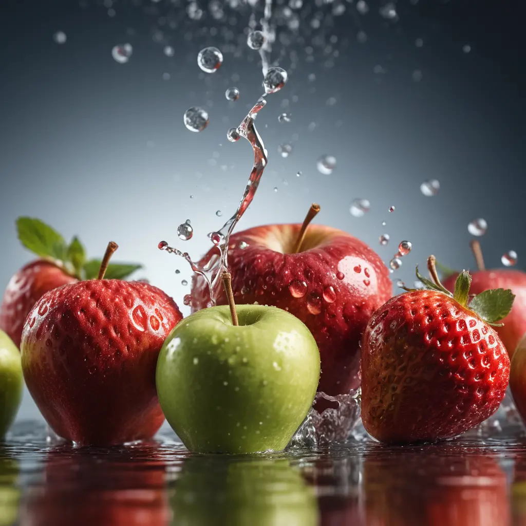 Mele e fragole fresche con dinamici schizzi d’acqua